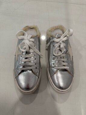 Steve Madden Metallic Silver Women's Lace-Up Sneakers with Faux Fur Trim